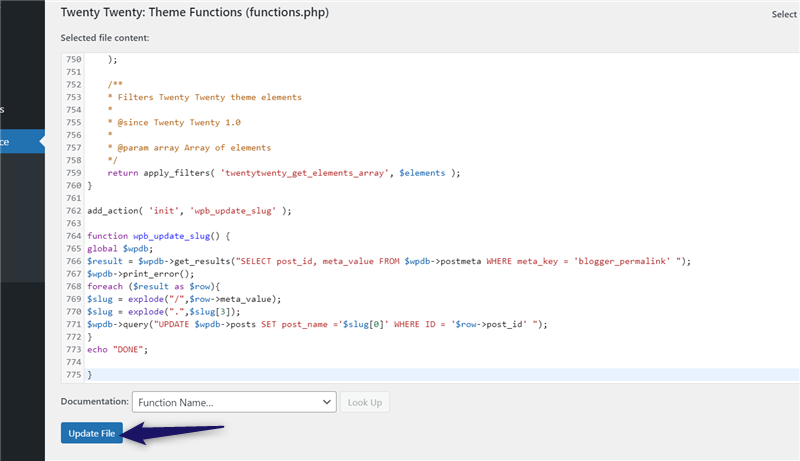 update functions.php file