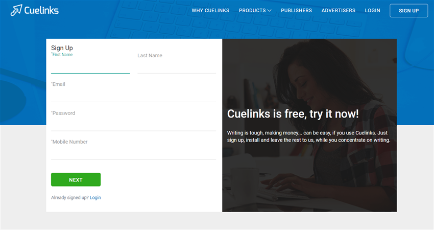 Cuelinks registration page