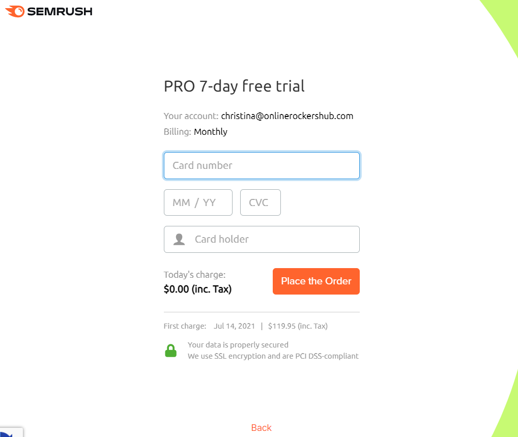 Semrush free trial credit card