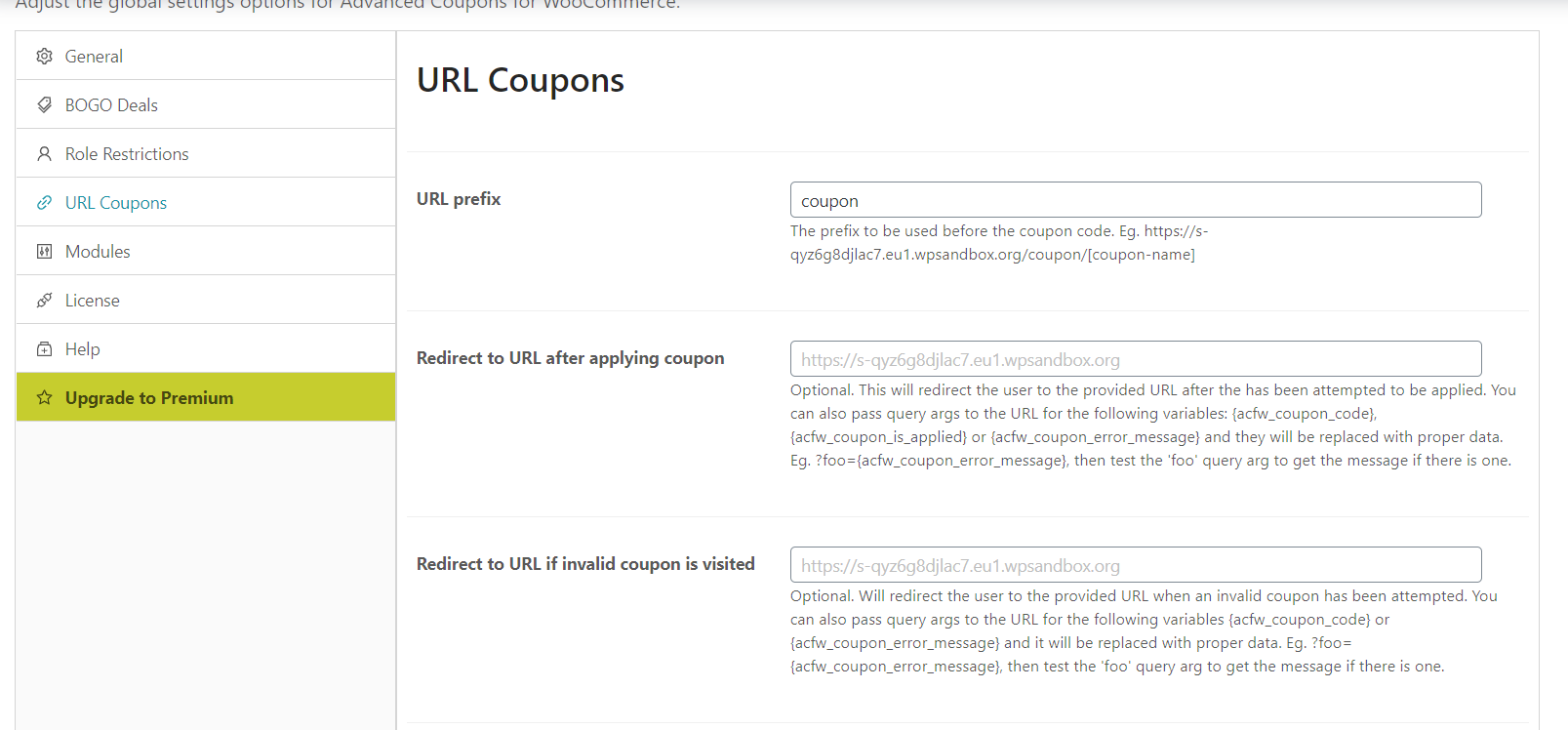 url coupon settings
