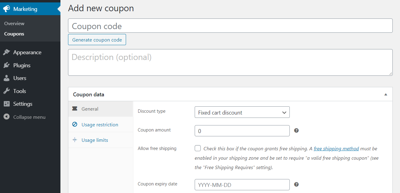 Create a woocommerce coupon