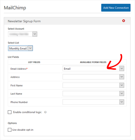 Mailchimp list options
