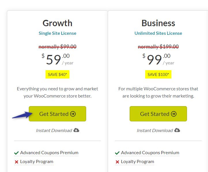 Selecting a plan in advanced coupons pricing page
