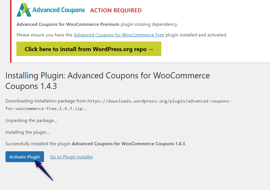 Activate advanced coupons lite plugin