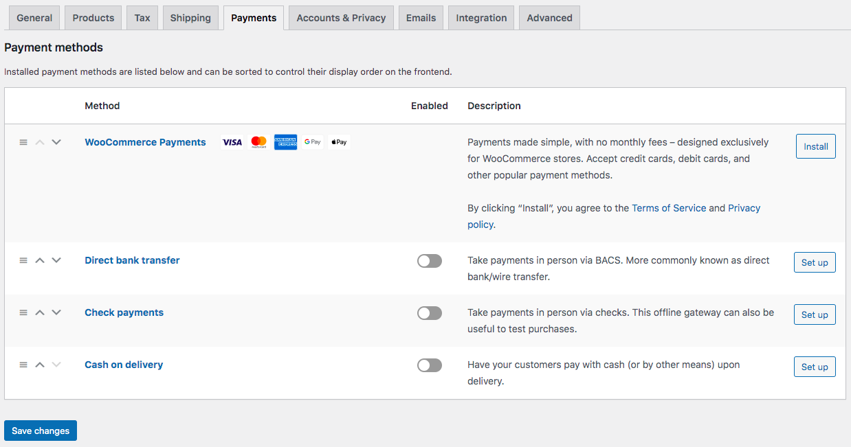 Woocommerce payment settings