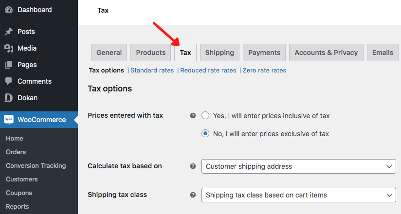 Woocommerce tax tab under settings