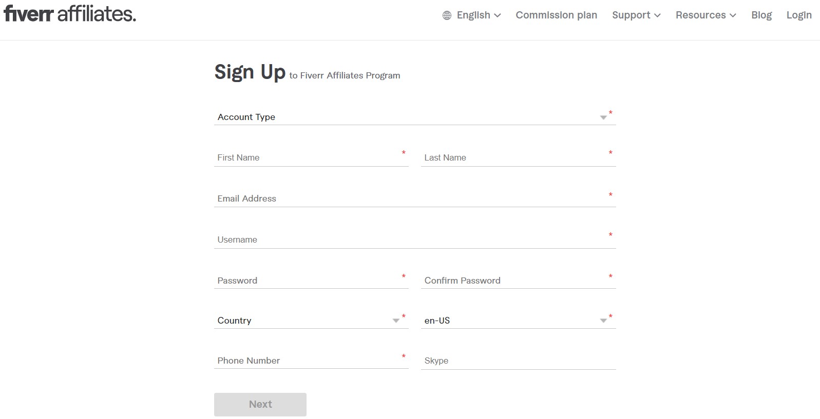 Fiverr affiliate registration page