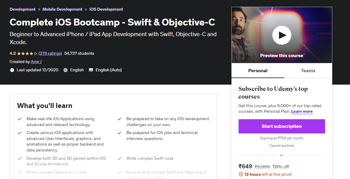 Complete iOS Bootcamp - Swift & Objective-C - udemy ios courses