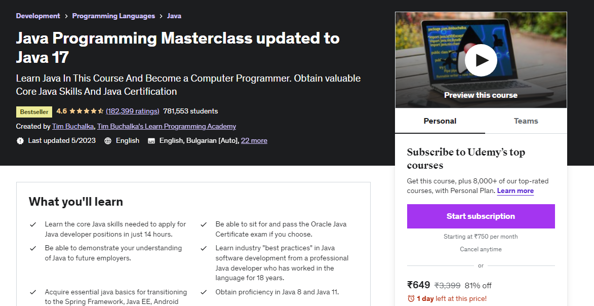 Java Programming Masterclass updated to Java 17 - udemy java courses