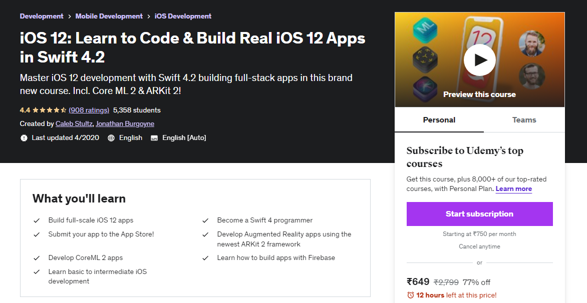 iOS 12: Learn to Code & Build Real iOS 12 Apps in Swift 4.2 - udemy ios courses
