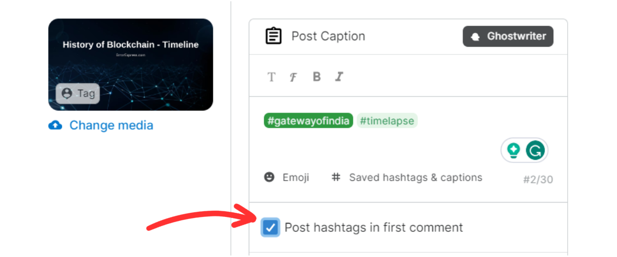 Post hashtags in first comment