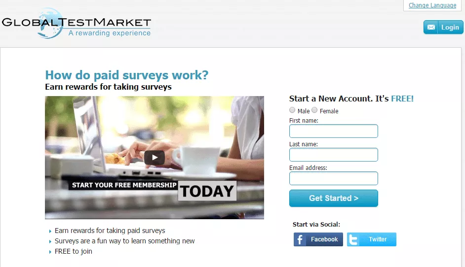 GlobalTestMarket survey panel homepage