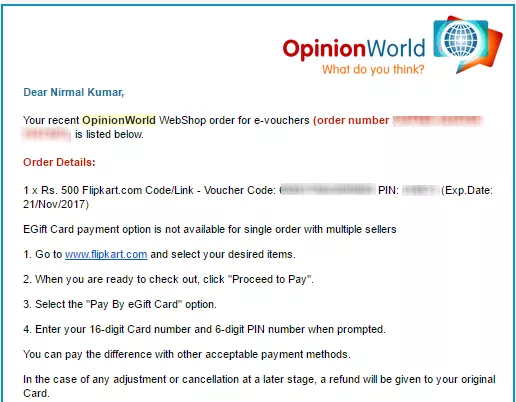 Opinionworld payment proof flipkart voucher