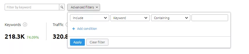 Filters and advanced filters option available at positions section in semrush organic research tool