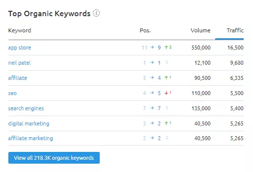 Top organic keywords list at overview section in semrush organic research tool