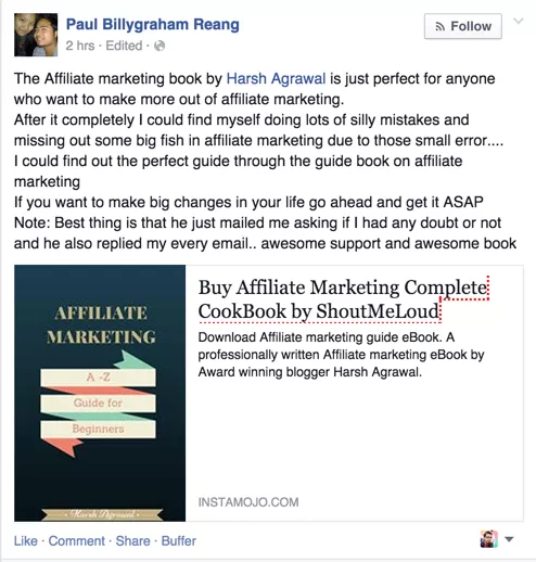 Affiliate marketing ebook testimonial by paul billygraham reang