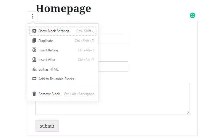Choose Show Block Settings in WPForms block in Gutenberg