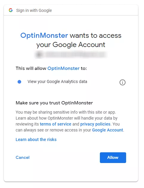 Allow permission for optinmonster to access your google analytics account