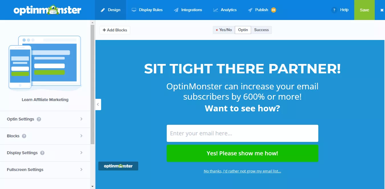 Optinmonster campaign editor screen