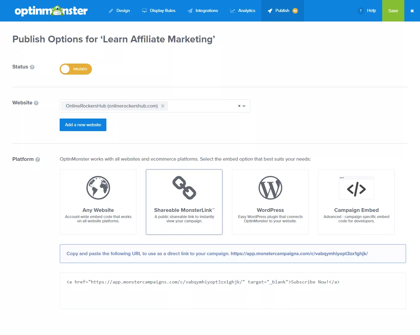 Publish section at optinmonster
