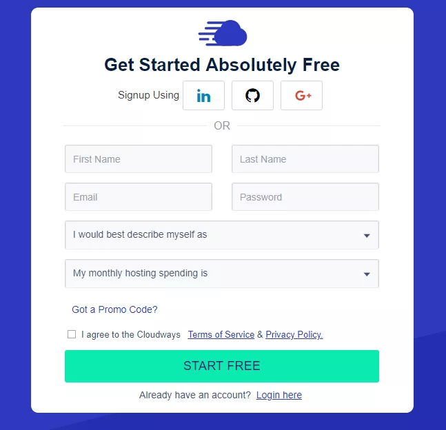 Cloudways signup page