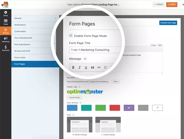 Wpforms form pages addon activation
