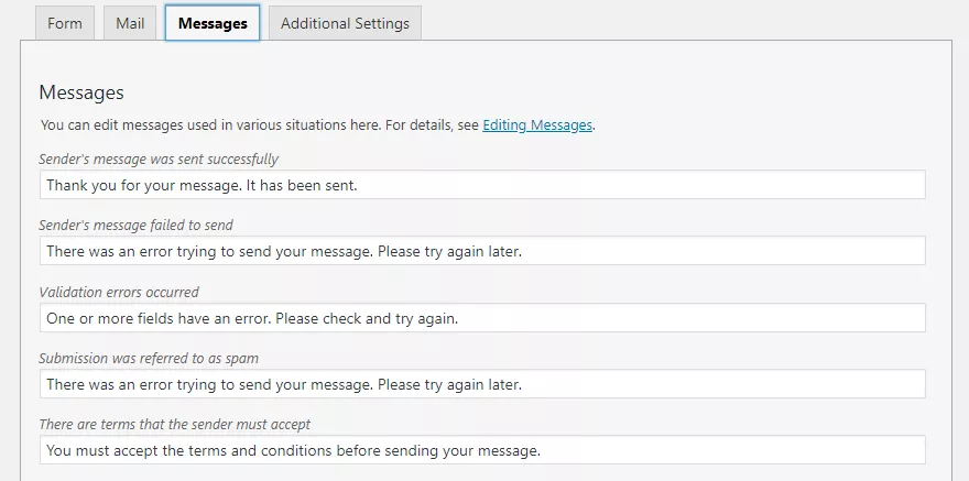 Setting up messages feature in contact form 7 plugin
