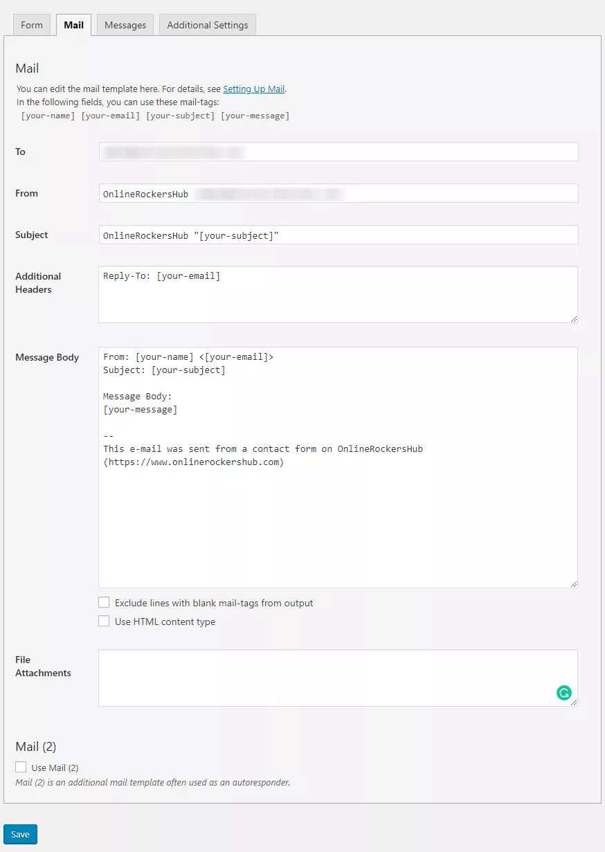 Setting up mail features in contact form 7 plugin