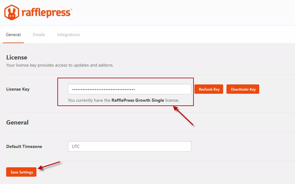 Rafflepress - plugin settings page - enter license key
