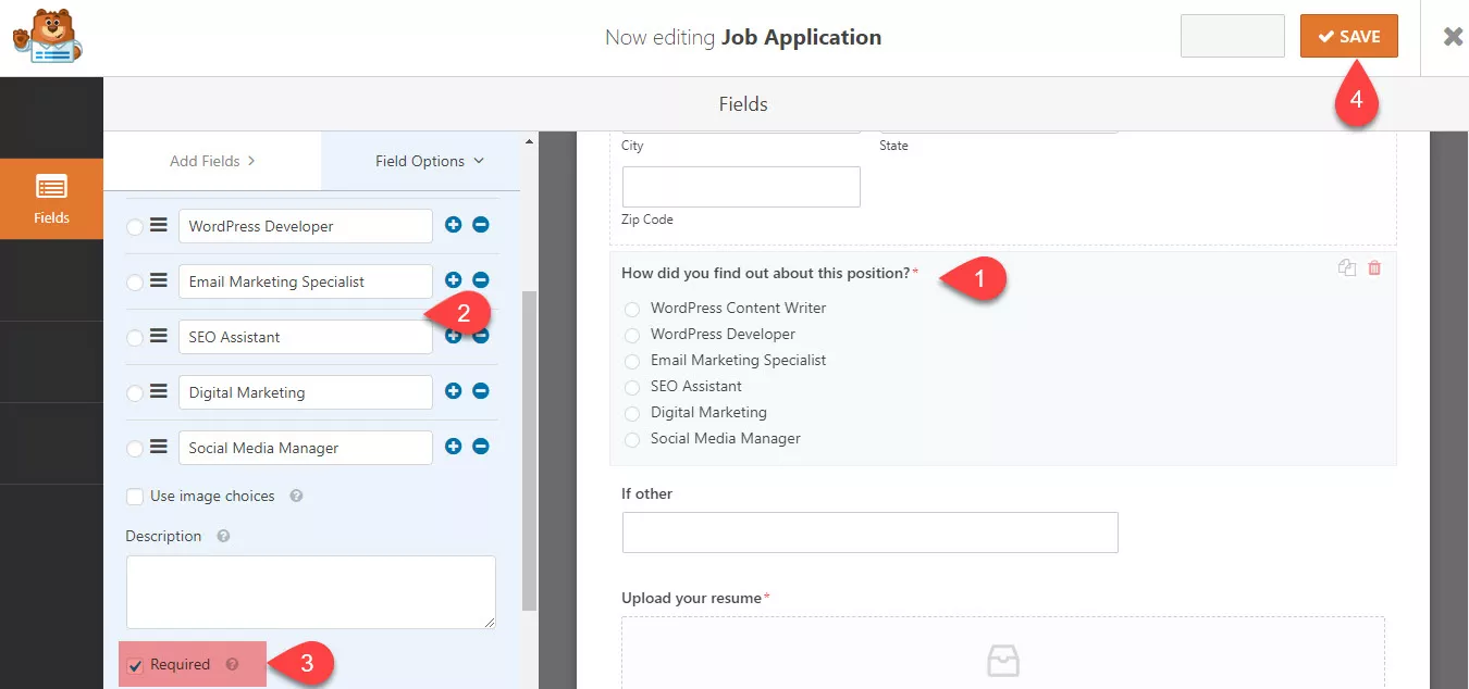 Wpforms job application form settings