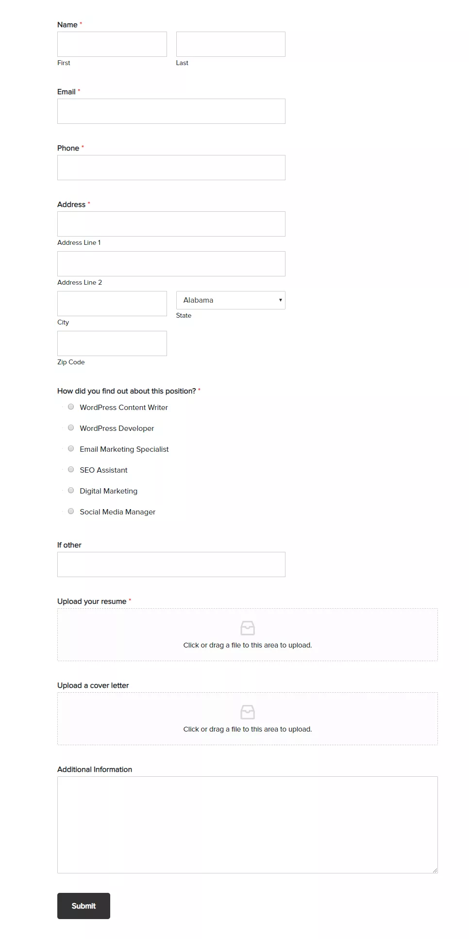 Wpforms job application upload form preview