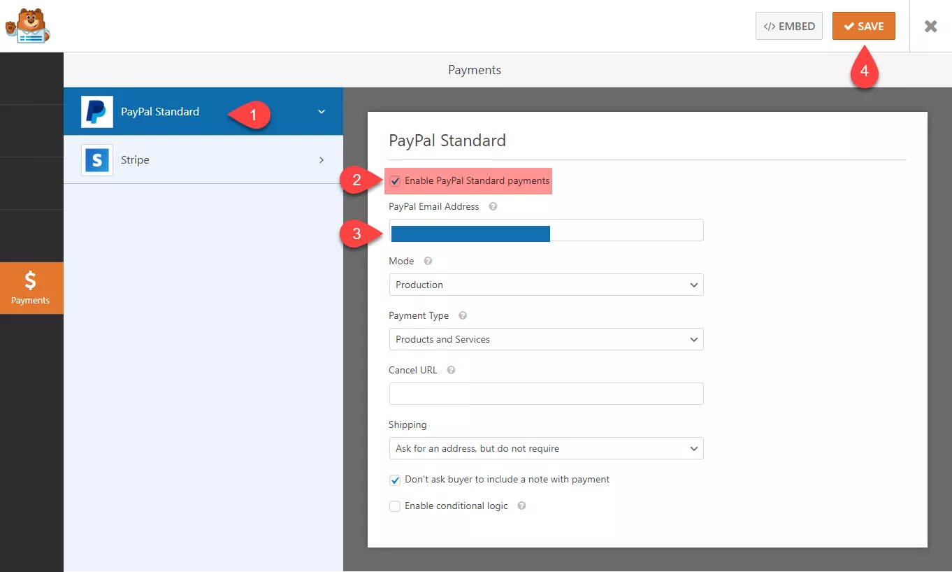 Wpforms sample donation form payment settings