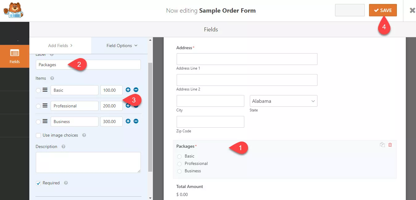 Wpforms sample order form field settings