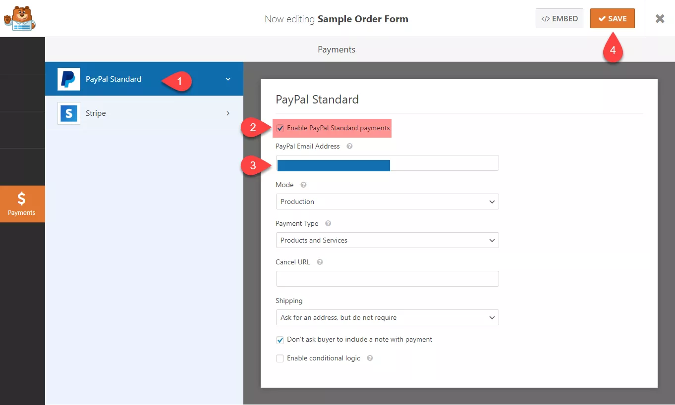 Wpforms sample order form payment settings