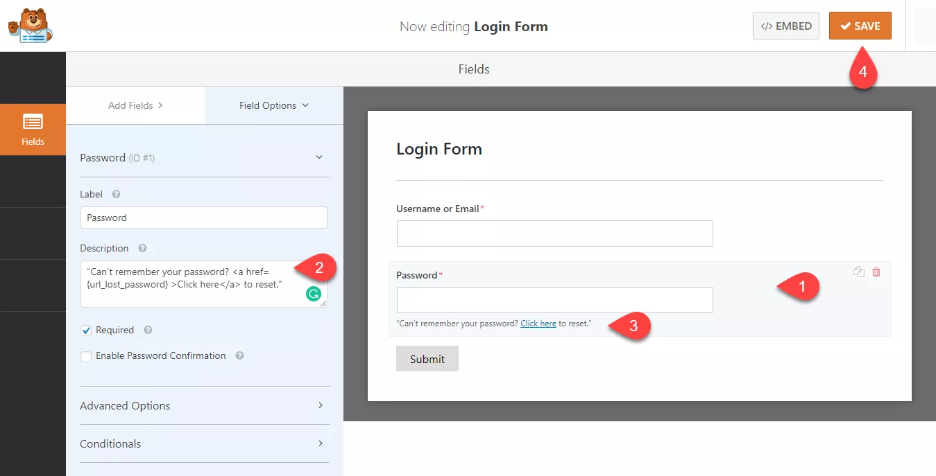 Wpforms user login form settings