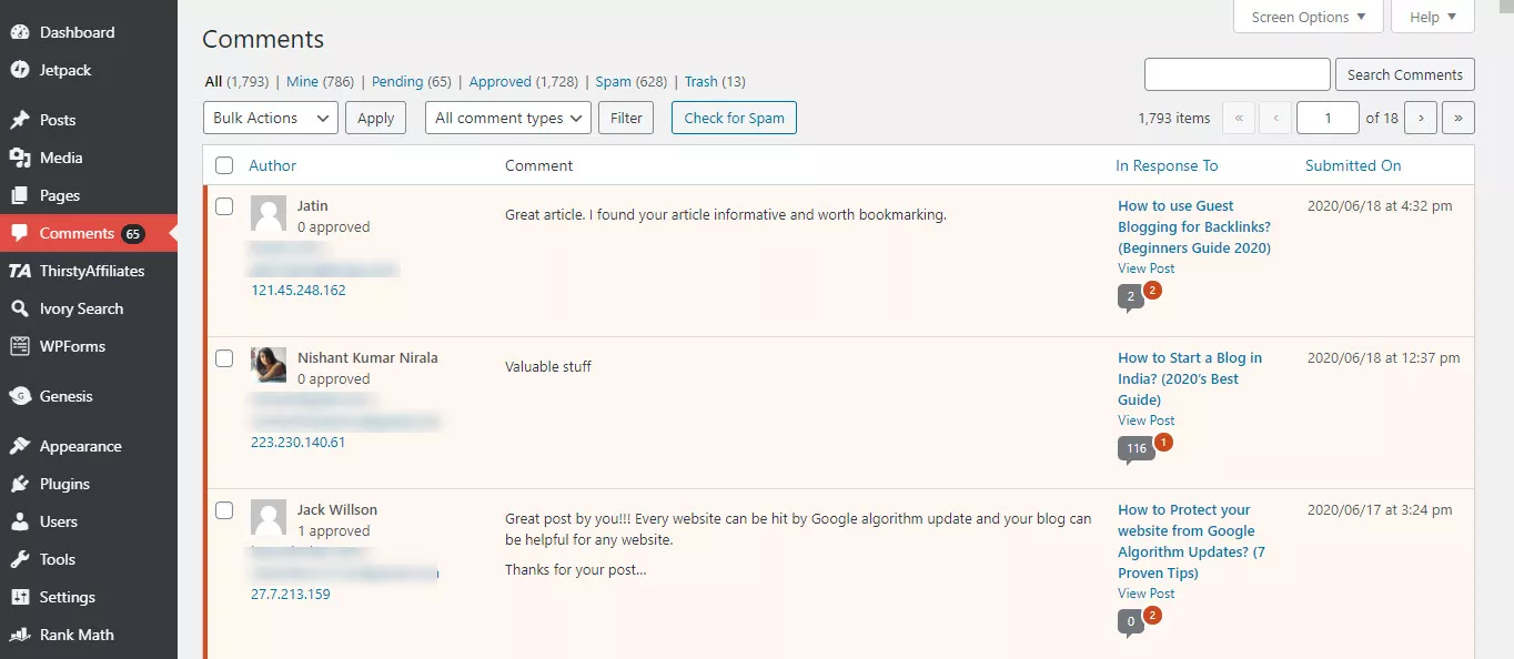 Comments page in wordpress