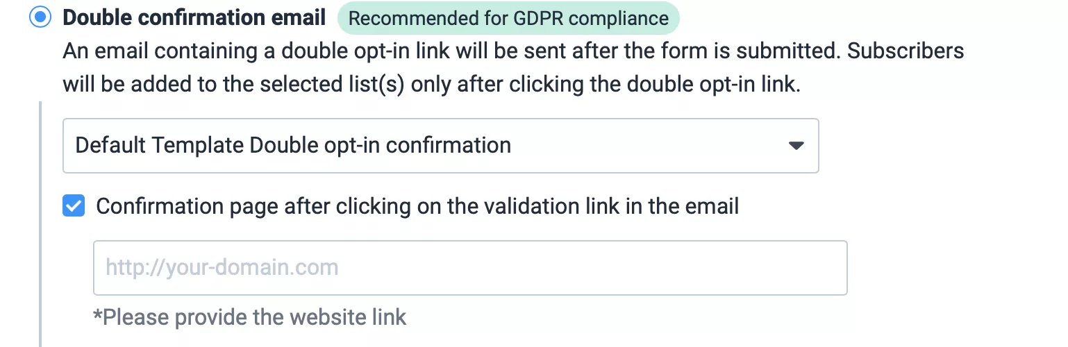 Choose the confirmation page for your double opt-in in sendinblue