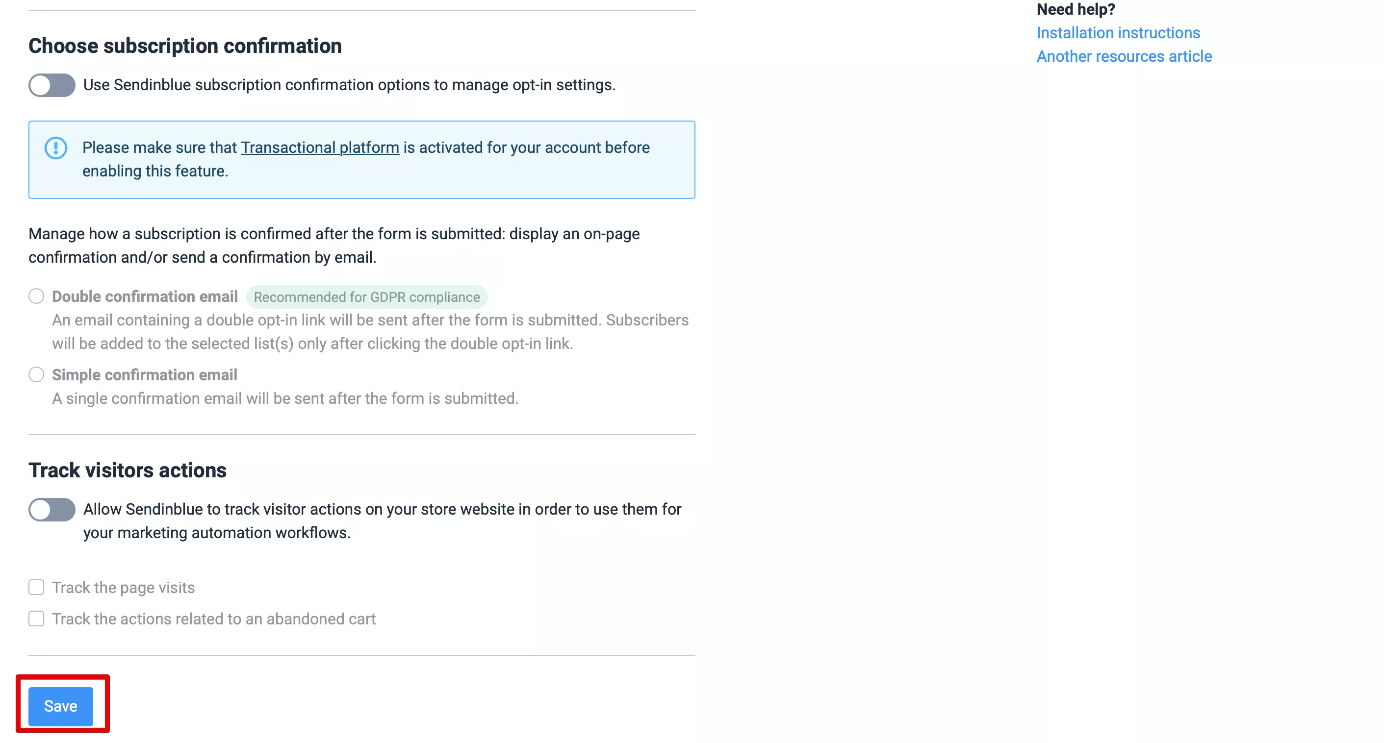 Save shopify settings page in sendinblue account